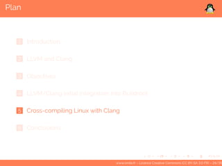 Plan
1 Introduction
2 LLVM and Clang
3 Objectives
4 LLVM/Clang initial integration into Buildroot
5 Cross-compiling Linux ...