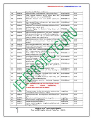 Download Abstract From: www.ieeeprojectguru.com
8 Office No: 06, 2
nd
Wing, Gangotri Heights,
Near to APEX Hospital Kalewadi Phata, Pune - 411033.
transition for VIP vehicles / ambulance
198 EMB198 High sensitive IR based Unmanned Railway Gate Control AT89S52 Based 2015
199 EMB199 Super sensitive Industrial Security System with Auto
dialer& 60dB loud siren using AT89S52 MCU
AT89S52 Based 2015
200 EMB200 Embedded Password based Access Control System using
I2C
AT89S52 Based 2015
201 EMB201 Coin operated fortune telling system with dancing LED
effect using AT89S52 MCU
AT89S52 Based 2015
202 EMB202 Embedded Quiz monitoring system with team performance
evaluation using AT89S52 MCU
AT89S52 Based 2015
203 EMB203 Embedded Rigging free Electronic Voting System with
instant results
AT89S52 Based 2015
204 EMB204 Electronic Notice Board with LED Dot Matrix Display and
PS2 key board interfacing for user friendly message entry
AT89S52 Based 2015
205 EMB205 Automatic School Bell with user defined time schedule
using I2C protocol using AT89S52 MCU
AT89S52 Based 2015
206 EMB206 Digital Code converters BCD to Grey / Excess-3 / 7-segment AT89S52 Based 2015
207 EMB207 Embedded concentration tester – Touch Me Not using
AT89S52
AT89S52 Based 2015
208 EMB208 Automatic Dam Gate Control System with Caution Alarm AT89S52 Based 2015
209 EMB209 Electronic Private Automatic Branch Exchange System with
call forward and call pcik up
AT89S52 Based 2015
210 EMB210 RTC based Digital Clock with Seven-segment Display with
12 / 24 hours mode using AT89S52 MCU
AT89S52 Based 2015
211 EMB211 Gold and Silver Rate Display System with EEPROM Data
Back up System using AT89S52 MCU
AT89S52 Based 2015
212 EMB212 Automatic Active Phase selector for single phase load from
three phase supply
AT89S52 Based 2015
213 EMB213 Intelligent automatic podium light control system using
AT89C51 MCU
AT89S52 Based 2015
213 EMB213 Automatic plant irrigation system with dry / wet soil sense
and controlling 230V water pump for agricultural
applications using AT89S52 MCU
AT89S52 Based 2015
214 EMB214 Distance Calculation for underground cable faults AT89S52 Based 2015
215 EMB215 Automatic Room Light control with Visitor Counting for
power saving applications
AT89S52 Based 2015
216 EMB216 Jogger bench using PWM Technique and H-Bridge with
person fall detection & prevent ion
AT89S52 Based 2015
217 EMB217 Jogger bench using PWM Technique and H-Bridge with
person fall detection & prevent ion
AT89S52 Based 2015
218 EMB218 PC based Appliances control in a plant using PCs parallel
port (C-Language)
AT89S52 Based 2015
IEEE 2014 PROJECTS ON DIGITAL IMAGE / SIGNAL
/ AUDIO / SPEECH PROCESSING /
COMMUNICATION / NETWORKING
219 EMB219 Touch screen and wireless communication based personal
assistant for Dumb and illiterate in Airlines
Image/Signal 2015
220 EMB220 Face recognition and facial expression identification using
PCA
Image/Signal 2015
221 EMB221 Expression Invariant Fragmented Face Recognition Image/Signal 2015
222 EMB222 Face recognition using Eigen faces Image/Signal 2015
223 EMB223 Palm print recognition using PCA Image/Signal 2015
224 EMB224 Human Eye Iris Recognition Using Discrete 2d Reverse Bi
orthogonal Wavelet 6.8
Image/Signal 2015
 