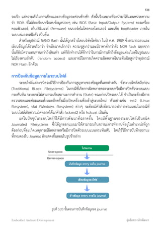 จะเร็ว แต่ความเร็วในการเขียนและลบข้อมูลจะค่อนข้างช้า ดังนั้นจึงเหมาะที่จะนำมาใช้แทนหน่วยความ
จำ ROM ที่ไม่ต้องเขียนหรือลบข้อมูลบ่อยๆ เช่น BIOS (Basic Input/Output System) ของเครื่อง
คอมพิวเตอร์, เก็บเฟิร์มแวร์ (ﬁrmware) บนบอร์ดไมโครคอลโทรเลอร์ และเก็บ bootloader ภายใน
ระบบสมองกลฝังตัว เป็นต้น
สำหรับอุปกรณ์ NAND ﬂash นั้นได้ถูกสร้างโดยบริษัทโตชิบา ในปี ค.ศ. 1989 ซึ่งสามารถลบและ
เขียนข้อมูลได้รวดเร็วกว่า ชิพมีขนาดเล็กกว่า ความจุสูงกว่าและมีราคาต่ำกว่าตัว NOR ﬂash นอกจาก
นั้นก็ยังมีความทนทานกว่าถึงสิบเท่า แต่ก็ยังทำงานได้ช้ากว่าในกรณีการเข้าถึงข้อมูลแต่ละไบต์ในรูปแบบ
ไม่เรียงตามลำดับ (random access) และอาจมีโอกาสเกิดความผิดพลาดในระดับบิตสูงกว่าอุปกรณ์
NOR Flash อีกด้วย
การป้องกันข้อมูลภายในระบบไฟล์
ระบบไฟล์แต่ละชนิดจะมีวิธีการป้องกันการสูญหายของข้อมูลที่แตกต่างกัน ซึ่งระบบไฟล์สมัยก่อน
(Traditional BLock Filesystems) ในกรณีที่เกิดการผิดพลาดของระบบหรือมีการปิดตัวระบบแบบ
กระทันหัน ระบบจะไม่สามารถเก็บสถานะการทำงาน (State) ขณะก่อนปิดระบบได้ จำเป็นจะต้องมีการ
ตรวจสอบและซ่อมแซมทั้งหมดอีกครั้งเมื่อเปิดเครื่องเพื่อเข้าสู่ระบบใหม่ ตัวอย่างเช่น ext2 (Linux
ﬁlesystem), vfat (Windows ﬁlesystem) ต่างๆ จะต้องมีคำสั่งที่สามารถทำการซ่อมแซมในกรณีที่
ระบบไฟล์เกิดความผิดพลาดได้แก่คำสั่ง fsck.ext2 หรือ fsck.vat เป็นต้น
แต่ในปัจจุบันระบบไฟล์ก็ได้มีการพัฒนาที่ฉลาดขึ้น โดยมีพื้นฐานของระบบไฟล์เป็นชนิด
Journaled Filesystems ซึ่งได้ถูกออกแบบมาให้สามารถเก็บสถานะการทำงานที่อยู่ในตำแหน่งที่ถูก
ต้องก่อนที่จะเกิดเหตุการณ์ผิดพลาดหรือมีการปิดตัวระบบแบบกระทันหัน โดยใช้วิธีการบันทึกสถานะ
ทั้งหมดลงใน Journal ดังแสดงขั้นตอนในรูปข้างล่าง
บันทึกข้อมูล entry ลงใน journal
เขียนข้อมูลลงไฟล์
ล้างข้อมูล entry ภายใน journal
โปรแกรม
User-space
Kernel-space
รูปที่ 3.20 ขั้นตอนการบันทึกข้อมูลลง journal
134
Embedded Android Development สู่เส้นทางนักพัฒนา
 