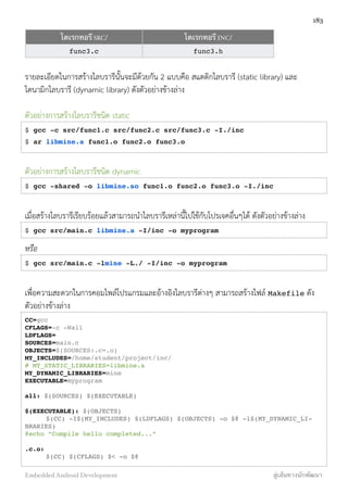 ไดเรกทอรี SRC/ ไดเรกทอรี INC/
func3.c func3.h
รายละเอียดในการสร้างไลบรารีนั้นจะมีด้วยกัน 2 แบบคือ สแตติกไลบรารี (static library) และ
ไดนามิกไลบรารี (dynamic library) ดังตัวอย่างข้างล่าง
ตัวอย่างการสร้างไลบรารีชนิด static
$ gcc -c src/func1.c src/func2.c src/func3.c -I./inc
$ ar libmine.a func1.o func2.o func3.o
ตัวอย่างการสร้างไลบรารีชนิด dynamic
$ gcc -shared -o libmine.so func1.o func2.o func3.o -I./inc
เมื่อสร้างไลบรารีเรียบร้อยแล้วสามารถนำไลบรารีเหล่านี้ไปใช้กับโปรเจคอื่นๆได้ ดังตัวอย่างข้างล่าง
$ gcc src/main.c libmine.a -I/inc -o myprogram
หรือ
$ gcc src/main.c -lmine -L./ -I/inc -o myprogram
เพื่อความสะดวกในการคอมไพล์โปรแกรมและอ้างอิงไลบรารีต่างๆ สามารถสร้างไฟล์ Makefile ดัง
ตัวอย่างข้างล่าง
CC=gcc
CFLAGS=-c -Wall
LDFLAGS=
SOURCES=main.c
OBJECTS=$(SOURCES:.c=.o)
MY_INCLUDES=/home/student/project/inc/
# MY_STATIC_LIBRARIES=libmine.a
MY_DYNAMIC_LIBRARIES=mine
EXECUTABLE=myprogram
all: $(SOURCES) $(EXECUTABLE)
!
$(EXECUTABLE): $(OBJECTS)
! $(CC) -I$(MY_INCLUDES) $(LDFLAGS) $(OBJECTS) -o $@ -l$(MY_DYNAMIC_LI-
BRARIES)
@echo “Compile hello completed...”
.c.o:
! $(CC) $(CFLAGS) $< -o $@
183
Embedded Android Development สู่เส้นทางนักพัฒนา
 
