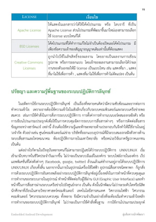 LICENSE เงื่อนไข
Apache License
ให้แสดงในเอกสารว่าได้ใช้โค้ดโปรแกรม หรือ ไลบรารี ที่เป็น
Apache License ส่วนโปรแกรมที่พัฒนาขึ้นมาใหม่เองสามารถเลือก
ใช้ license แบบไหนก็ได้
BSD Licenses
โค้ดโปรแกรมที่ได้ทำการแก้ไขไม่จำเป็นต้องเปิดเผยโค้ดโปรแกรม มี
เพียงข้อความเจ้าของสัญญาอนุญาตเดิมเท่านั้นที่ต้องแสดง
Creative Commons
Licenses
ถูกนำไปใช้ในลิขสิทธิ์ของผลงาน โดยอาจเป็นผลงานการเขียน
รูปภาพ หรือการออกแบบ โดยเจ้าของผลงานสามารถเลือกได้ว่าผล
งานของตัวเองจะให้มี license เป็นแบบไหน เช่น แสดงที่มา , แสดง
ที่มาไม่ใช้เพื่อการค้า , แสดงที่มาไม่ใช้เพื่อการค้าไม่ดัดแปลง เป็นต้น
ปรัชญา และความรู้พื้นฐานของระบบปฏิบัติการลีนุกซ์
ในอดีตการใช้งานระบบปฏิบัติการลีนุกซ์ เป็นเรื่องที่หลายคนคิดว่ามีความซับซ้อนและยากต่อการ
ทำความเข้าใจ เพราะอาจต้องใช้ความเข้าใจในเชิงลึกเกี่ยวกับระบบคอมพิวเตอร์และระบบเครือข่ายพอ
สมควร เช่นการใช้คำสั่งในการสั่งการระบบปฏิบัติการ การตั้งค่าการทำงานบนบอร์ดสมองกลฝังตัว หรือ
การเขียนโปรแกรมประยุกต์เพื่อใช้ในการควบคุมจัดการระบบการสื่อสารต่างๆ หรือการติดต่อสื่อสาร
ข้อมูลระหว่างฮาร์ดแวร์ เหล่านี้ ล้วนต้องใช้ความรู้และทักษะหลายด้านประกอบกันจึงทำให้มีใช้งานในอยู่
วงจำกัด ตัวอย่างเช่น ศูนย์คอมพิวเตอร์แม่ข่าย บริษัทที่ออกแบบอุปกรณ์ที่มีระบบสมองกลฝังตัวทางด้าน
ระบบสื่อสารและโทรคมนาคม ห้องปฏิบัติการภายในมหาวิทยาลัย หรือหน่วยวิจัยภาครัฐ/ภาคเอกชน
เป็นต้น
แต่อย่างไรก็ตามในปัจจุบันหลายคนก็ไม่สามารถปฏิเสธได้ว่าระบบปฏิบัติการ UNIX/LINUX เริ่ม
เข้ามามีบทบาทในชีวิตประจำวันมากขึ้น ไม่ว่าจะเป็นระบบอีเมล์ในองค์กร ระบบไฟล์ภายในองค์กร เว๊ป
แอพพิเคชั่นที่โด่งดังต่างๆ (facebook, google, twitter) ล้วนแล้วแต่ทำงานอยู่ภายใต้ระบบปฏิบัติการ
UNIX/LINUX เกือบทั้งสิ้น นอกจากนั้นภายในอุปกรณ์เครื่องใช้ไฟฟ้า อุปกรณ์สื่อสารชนิดพาพก ก็ถูกสั่ง
การด้วยระบบปฏิบัติการอันทรงพลังอย่างระบบปฏิบัติการลีนุกซ์อยู่เบื้องหลังในการทำหน้าที่ควบคุมดูแล
การทำงานของระบบภายในอุปกรณ์ ทำหน้าที่ติดต่อกับผู้ใช้ผ่าน GUI (Graphic User Interface) และทำ
หน้าที่ในการสื่อสารผ่านระบบเครือข่ายไปยังศูนย์กลาง เป็นต้น ดังนั้นนักพัฒนาไม่ว่าจะระดับใดหรือนิสิต
นักศึกษาที่เรียนในสายวิทยาศาสตร์คอมพิวเตอร์ เทคโนโลยีสารสนเทศ วิศกวรรมไฟฟ้า วิศวกรรม
คอมพิวเตอร์ วิศวกรรมระบบควบคุม ทั้งหลาย จึงมีความจำเป็นอย่างยิ่งที่จะต้องเริ่มทำความเข้าใจหลัก
การทำงานของระบบปฏิบัติการลีนุกซ์ ไม่ว่าจะเป็นการใช้คำสั่งพื้นฐาน การใช้งานโปรแกรมประยุกต์
19
Embedded Android Development สู่เส้นทางนักพัฒนา
 