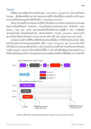 Thread
นักพัฒนาสามารถพัฒนาโปรแกรมในลักษณะ multi-tasking programming โดยการสร้างเทรด
(thread) เพื่อเพิ่มประสิทธิภาพการทำงานของระบบปฏิบัติการลีนุกซ์ให้สามารถรองรับการทำงานแบบ
หลายงานได้ ซึ่งเทรดจะถูกเรียกได้อีกชื่อหนึ่งว่า “lightweight processes”
เนื่องจากโปรเซสทั่วไปภายในระบบปฏิบัติการลีนุกซ์ประกอบด้วยสถานะของหน่วยประมวลผล
(เช่นค่าภายในตัวรีจิสเตอร์ AX,BX,DX), รายละเอียดของการจองหน่วยความจำ (สำหรับเก็บ code,
globals, heap และ stack) และรายละเอียดที่เกี่ยวข้องกับระบบปฏิบัติการ (เช่น การเปิดไฟล์,
หมายเลขโปรเซส) ซึ่งเทรดก็จะคล้ายกัน แต่จะต่างกันตรงที่ multiple processes จะแยกการเก็บ
สถานะกันอย่างชัดเจน ในขณะที่ multiple threads จะมีการใช้ code, globals และ heap ร่วมกัน
เทรดจะสามารถทำงานได้ดีในกรณีที่เครื่องคอมพิวเตอร์นั้นมีมากกว่าหนึ่งหน่วยประมวลผล โดยใน
รูปข้างล่างแสดงการทำงานของเทรดแต่ละตัว (ได้แก่ main(), function1() และ function2()) ซึ่งถ้า
เครื่องมีหน่วยประมวลผลเพียงตัวเดียวการทำงานของโปรแกรมนี้ก็จะทำตามลำดับของคำสั่งแต่ละ
บรรทัด (program counter) ซึ่งอาจจะใช้เวลาทั้งสิ้น 2 นาที แต่ถ้าเครื่องมีหน่วยประมวลผลจำนวน 3
ตัวทั้งสามส่วนก็จะแยกกันทำงานไปแต่ละหน่วยประมวลผลซึ่งอาจจะใช้เวลาทั้งสิ้นเพียง 50 วินาทีเท่านั้น
main thread
thread 3
thread 2
เวลา (Time)
การทํางานลักษณะแบบ Single-Thread
CPU #1
CPU #1
CPU #2
CPU #3
คือ main()
คือ ฟังก์ชัน 2()
คือ ฟังก์ชัน 1()
การทํางานลักษณะแบบ Multi-Thread
เวลาเริ่มต้น เวลาที่ใช้ทั้งหมดของโปรแกรม
โดยใช้ multi-thread
เวลาที่ใช้ทั้งหมดของโปรแกรม
โดยใช้ single-thread
รูปที่ 4.6 เปรียบเทียบการประมวลผลโปรแกรมแบบ Single-Thread และ Multi-Thread
204
Embedded Android Development สู่เส้นทางนักพัฒนา
 