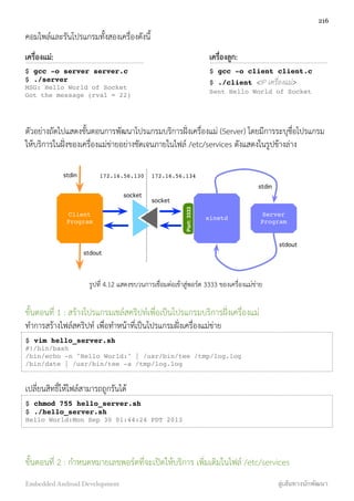 คอมไพล์และรันโปรแกรมทั้งสองเครื่องดังนี้
ตัวอย่างถัดไปแสดงขั้นตอนการพัฒนาโปรแกรมบริการฝั่งเครื่องแม่ (Server) โดยมีการระบุชื่อโปรแกรม
ให้บริการในฝั่งของเครื่องแม่ข่ายอย่างชัดเจนภายในไฟล์ /etc/services ดังแสดงในรูปข้างล่าง
Client
Program
Server
Program
Port:3333
xinetd
stdin
stdin
stdout
socket
socket
stdout
172.16.56.134172.16.56.130
รูปที่ 4.12 แสดงขบวนการเชื่อมต่อเข้าสู่พอร์ต 3333 ของเครื่องแม่ข่าย
ขั้นตอนที่ 1 : สร้างโปรแกรมเชล์สคริปท์เพื่อเป็นโปรแกรมบริการฝั่งเครื่องแม่
ทำการสร้างไฟล์สคริปท์ เพื่อทำหน้าที่เป็นโปรแกรมฝั่งเครื่องแม่ข่าย
$ vim hello_server.sh 
#!/bin/bash
/bin/echo -n "Hello World:" | /usr/bin/tee /tmp/log.log
/bin/date | /usr/bin/tee -a /tmp/log.log
เปลี่ยนสิทธิ์ให้ไฟล์สามารถถูกรันได้
$ chmod 755 hello_server.sh
$ ./hello_server.sh
Hello World:Mon Sep 30 01:44:24 PDT 2013
   
ขั้นตอนที่ 2 : กำหนดหมายเลขพอร์ตที่จะเปิดให้บริการ เพิ่มเติมในไฟล์ /etc/services
เครื่องแม่:
$ gcc -o server server.c
$ ./server
MSG: Hello World of Socket
Got the message (rval = 22)
เครื่องลูก:
$ gcc -o client client.c
$ ./client <IP เครื่องแม่>
Sent Hello World of Socket
216
Embedded Android Development สู่เส้นทางนักพัฒนา
 