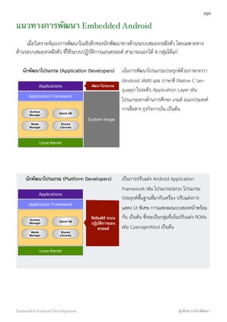 แนวทางการพัฒนา Embedded Android
เมื่อวิเคราะห์แนวการพัฒนาในเชิงลึกของนักพัฒนาทางด้านระบบสมองกลฝังตัว โดยเฉพาะทาง
ด้านระบบสมองกลฝังตัว ที่ใช้ระบบปฏิบัติการแอนดรอยด์ สามารถแยกได้ 4 กลุ่มได้แก่
นักพัฒนาโปรแกรม (Application Developers)
Application Framework
Linux Kernel
Applications
Surface
Manager
Dalvik VM
Media
Manager
Shared
Libraries
พัฒนาโปรแกรม
System Image
เน้นการพัฒนาโปรแกรมประยุกต์ด้วยภาษาจาวา
(Android JAVA) และ ภาษาซี (Native C lan-
guage) ในระดับ Application Layer เช่น
โปรแกรมทางด้านการศึกษา เกมส์ อเนกประสงค์
การสื่อสาร ธุรกิจการเงิน เป็นต้น
นักพัฒนาโปรแกรม (Platform Developers)
Application Framework
Linux Kernel
Applications
Surface
Manager
Dalvik VM
Media
Manager
Shared
Libraries
Rebuild ระบบ
ปฏิบัติการแอน
ดรอยด์
เป็นการปรับแต่ง Android Application
Framework เช่น โปรแกรมระบบ โปรแกรม
ประยุกต์พื้นฐานที่มากับเครื่อง ปรับแต่งการ
แสดง UI พิเศษ การแสดงผลแบบสองหน้าพร้อม
กัน เป็นต้น ซึ่งจะเป็นกลุ่มที่เน้นปรับแต่ง ROMs
เช่น CyanogenMod เป็นต้น
250
Embedded Android Development สู่เส้นทางนักพัฒนา
 