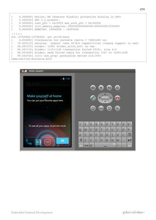 [ 0.000000] Notice: NX (Execute Disable) protection missing in CPU!
[ 0.000000] DMI 2.4 present.
[ 0.000000] last_pfn = 0x1fff0 max_arch_pfn = 0x100000
[ 0.000000] init_memory_mapping: 0000000000000000-000000001fff0000
[ 0.000000] RAMDISK: 1ffb4000 - 1fff0000
.....
for 1f700000-1f796000, got write-back
[ 4.816692] Clocksource tsc unstable (delta = 70001460 ns)
[ 35.829113] warning: `zygote' uses 32-bit capabilities (legacy support in use)
[ 86.091553] binder: 1208: binder_alloc_buf, no vma
[ 86.091710] binder: 1115:1126 transaction failed 29201, size 4-0
[ 86.091868] binder: send failed reply for transaction 3147 to 1208:1208
[ 99.262724] init: sys_prop: permission denied uid:1003
name:service.bootanim.exit
270
Embedded Android Development สู่เส้นทางนักพัฒนา
 