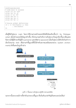 HISTFILESIZE=2000
# some more ls aliases
alias ll='ls -alF'
alias la='ls -A'
alias l='ls -CF'
alias rm='rm -i'
alias cp='cp -i'
alias mv='mv -i'
# Source global definitions
if [ -f /etc/bashrc ]; then
. /etc/bashrc
fi
เมื่อผู้ใช้เข้าสู่ระบบ Login โดยการใช้งานผ่านหน้าจอเทอร์มินัลซึ่งนิยมเรียกสั้นๆว่า tty (Teletype-
writer) เมื่อหน้าจอเทอร์มินัลถูกสร้างขึ้น ตัวโปรแกรมสำหรับการเข้าสู่ระบบก็จะถูกเรียกขึ้นมาเพื่อแสดง
ข้อความให้ผู้ใช้กรอกชื่อผู้ใช้ (username) และรหัสผ่าน (password) เมื่อเข้าสู่ระบบได้สำเร็จก็จะทำการ
เรียกโปรแกรม shell เพื่ออ่านค่าพื้นฐานที่ตั้งไว้สำหรับสภาพแวดล้อมของระบบ (system environ-
ments) ดังขั้นตอนในรูปข้างล่าง
สร้าง tty ใหม่ให้กับผู้ใช้
อ่านการตั้งค่าระบบหลักใน /etc/
proﬁle หรือ /etc/bashrc
โปรแกรม agetty แสดงหน้า login บน tty
โปรแกรม agetty เรียกคําสั่ง /bin/login
โปรแกรม login เริ่มทํางานบน shell
อ่านการตั้งค่าระบบของผู้ใช้ใน
~/.bashrc
แสดงข้อความ login ที่กําหนดอยู่ใน
ไฟล์ /etc/motd
Terminal
Login Shell
ผู้ใช้
รูปที่ 1.7 ขั้นตอนการเข้าสู่ระบบปฏิบัติการผ่านเทอร์มินัล
นอกจากนั้นระบบจะมีการตั้งค่าตัวแปรระบบพื้นฐาน ซึ่งเป็นตัวแปรสำคัญที่จะพบเจอบ่อยได้แก่
29
Embedded Android Development สู่เส้นทางนักพัฒนา
 