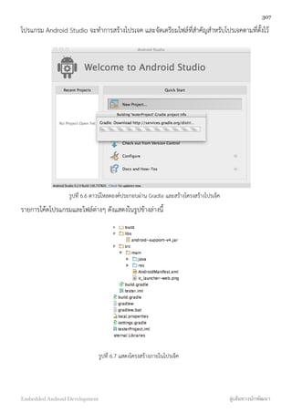 โปรแกรม Android Studio จะทำการสร้างโปรเจค และจัดเตรียมไฟล์ที่สำคัญสำหรับโปรเจคตามที่ตั้งไว้
รูปที่ 6.6 ดาวน์โหลดองค์ประกอบผ่าน Gradle และสร้างโครงสร้างโปรเจ็ค
รายการโค้ดโปรแกรมและไฟล์ต่างๆ ดังแสดงในรูปข้างล่างนี้
รูปที่ 6.7 แสดงโครงสร้างภายในโปรเจ็ค
307
Embedded Android Development สู่เส้นทางนักพัฒนา
 