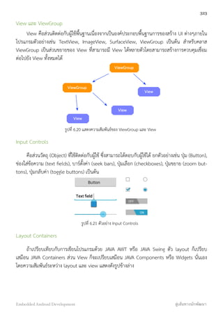 View และ ViewGroup
View คือส่วนติดต่อกับผู้ใช้พื้นฐานเนื่องจากเป็นองค์ประกอบพื้นฐานการของสร้าง UI ต่างๆภายใน
โปรแกรมตัวอย่างเช่น TextView, ImageView, SurfaceView, ViewGroup เป็นต้น สำหรับคลาส
ViewGroup เป็นส่วนขยายของ View ที่สามารถมี View ได้หลายตัวโดยสามารถสร้างการควบคุมเชื่อม
ต่อไปยัง View ทั้งหมดได้
ViewGroup
View
ViewGroup
View
View
รูปที่ 6.20 แสดงความสัมพันธ์ของ ViewGroup และ View
Input Controls
คือส่วนวัตถุ (Object) ที่ใช้ติดต่อกับผู้ใช้ ซึ่งสามารถโต้ตอบกับผู้ใช้ได้ ยกตัวอย่างเช่น ปุ่ม (Button),
ช่องใส่ข้อความ (text ﬁelds), บาร์ตั้งค่า (seek bars), ปุ่มเลือก (checkboxes), ปุ่มขยาย (zoom but-
tons), ปุ่มกลับค่า (toggle buttons) เป็นต้น
รูปที่ 6.21 ตัวอย่าง Input Controls
Layout Containers
ถ้าเปรียบเทียบกับการเขียนโปรแกรมด้วย JAVA AWT หรือ JAVA Swing ตัว layout ก็เปรียบ
เสมือน JAVA Containers ส่วน View ก็จะเปรียบเสมือน JAVA Components หรือ Widgets นั่นเอง
โดยความสัมพันธ์ระหว่าง layout และ view แสดงดังรูปข้างล่าง
323
Embedded Android Development สู่เส้นทางนักพัฒนา
 