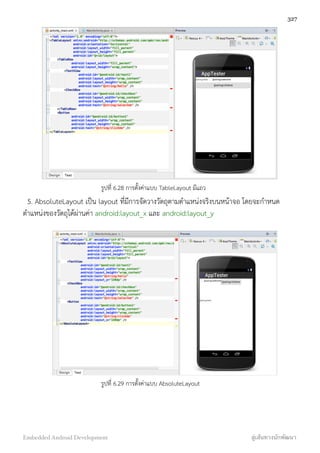 รูปที่ 6.28 การตั้งค่าแบบ TableLayout มีแถว
5. AbsoluteLayout เป็น layout ที่มีการจัดวางวัตถุตามตำแหน่งจริงบนหน้าจอ โดยจะกำหนด
ตำแหน่งของวัตถุได้ผ่านค่า android:layout_x และ android:layout_y
รูปที่ 6.29 การตั้งค่าแบบ AbsoluteLayout
327
Embedded Android Development สู่เส้นทางนักพัฒนา
 