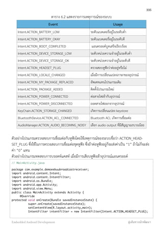 ตาราง 6.2 แสดงรายการเหตุการณ์ของระบบ
Event Usage
Intent.ACTION_BATTERY_LOW ระดับแบตเตอรี่อยู่ในระดับต่ำ
Intent.ACTION_BATTERY_OKAY ระดับแบตเตอรี่อยู่ในระดับดี
Intent.ACTION_BOOT_COMPLETED แอนดรอยด์บูทเสร็จเรียบร้อย
Intent.ACTION_DEVICE_STORAGE_LOW ระดับหน่วยความจำอยู่ในระดับต่ำ
Intent.ACTION_DEVICE_STORAGE_OK ระดับหน่วยความจำอยู่ในระดับดี
Intent.ACTION_HEADSET_PLUG ตรวจสอบหูฟังว่าต่ออยู่หรือไม่
Intent.ACTION_LOCALE_CHANGED เมื่อมีการเปลี่ยนแปลงภาษาของอุปกรณ์
Intent.ACTION_MY_PACKAGE_REPLACED อัพเดทแทนโปรแกรมเดิม
Intent.ACTION_PACKAGE_ADDED ติดตั้งโปรแกรมใหม่
Intent.ACTION_POWER_CONNECTED ต่อสายไฟเข้ากับอุปกรณ์
Intent.ACTION_POWER_DISCONNECTED ถอดสายไฟออกจากอุปกรณ์
KeyChain.ACTION_STORAGE_CHANGED เกิดการเปลี่ยนแปลง keystore
BluetoothDevice.ACTION_ACL_CONNECTED Bluetooth ACL เกิดการเชื่อมต่อ
AudioManager.ACTION_AUDIO_BECOMING_NOISY เลือก audio output ที่มีสัญญาณรบวนน้อย
ตัวอย่างโปรแกรมตรวจสอบการเชื่อมต่อกับหูฟังโดยใช้เหตุการณ์ของระบบชื่อว่า ACTION_HEAD-
SET_PLUG ซึ่งใช้ในการตรวจสอบการเชื่อมต่อชุดหูฟัง ซึ่งถ้าต่อหูฟังอยู่ก็จะส่งค่าเป็น “1” ถ้าไม่ก็จะส่ง
ค่า “0” แทน
ตัวอย่างโปรแกรมทดสอบการบรอดท์แคสท์ เมื่อมีการเสียบหูฟังเข้าอุปกรณ์แอนดรอยด์
// MainActivity.java
package com.example.demoeebuubroadcastreceiver;
import android.content.Intent;
import android.content.IntentFilter;
import android.os.Bundle;
import android.app.Activity;
import android.view.Menu;
public class MainActivity extends Activity {
@Override
protected void onCreate(Bundle savedInstanceState) {
super.onCreate(savedInstanceState);
setContentView(R.layout.activity_main);
IntentFilter intentfilter = new IntentFilter(Intent.ACTION_HEADSET_PLUG);
335
Embedded Android Development สู่เส้นทางนักพัฒนา
 
