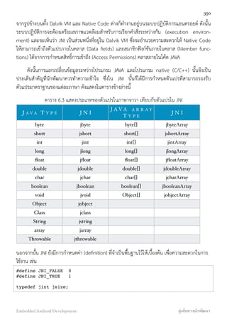 จากรูปข้างบนทั้ง Dalvik VM และ Native Code ต่างก็ทำงานอยู่บนระบบปฏิบัติการแอนดรอยด์ ดังนั้น
ระบบปฏิบัติการจะต้องเตรียมสภาพแวดล้อมสำหรับการเรียกคำสั่งระหว่างกัน (execution environ-
ment) และจะเห็นว่า JNI เป็นส่วนหนึ่งที่อยู่ใน Dalvik VM ซึ่งจะอำนวยความสะดวกให้ Native Code
ให้สามารถเข้าถึงตัวแปรภายในคลาส (Data ﬁelds) และสมาชิกฟังก์ชันภายในคลาส (Member func-
tions) ได้จากการกำหนดสิทธิ์การเข้าถึง (Access Permissions) คลาสภายในโค้ด JAVA
ดังนั้นการแลกเปลี่ยนข้อมูลระหว่างโปรแกรม JAVA และโปรแกรม native (C/C++) นั้นจึงเป็น
ประเด็นสำคัญที่นักพัฒนาควรทำความเข้าใจ ซึ่งใน JNI นั้นก็ได้มีการกำหนดตัวแปรที่สามารถรองรับ
ตัวแปรมาตราฐานของแต่ละภาษา ดังแสดงในตารางข้างล่างนี้
ตาราง 6.3 แสดงประเภทของตัวแปรในภาษาจาวา เทียบกับตัวแปรใน JNI
J A V A T Y P E J N I
J AVA A R R A Y
T Y P E
J N I
byte jbyte byte[] jbyteArray
short jshort short[] jshortArray
int jint int[] jintArray
long jlong long[] jlongArray
ﬂoat jﬂoat ﬂoat[] jﬂoatArray
double jdouble double[] jdoubleArray
char jchar char[] jcharArray
boolean jboolean boolean[] jbooleanArray
void jvoid Object[] jobjectArray
Object jobject
Class jclass
String jstring
array jarray
Throwable jthrowable
นอกจากนั้น JNI ยังมีการกำหนดค่า (deﬁnition) ที่จำเป็นพื้นฐานไว้ให้เบื้องต้น เพื่อความสะดวกในการ
ใช้งาน เช่น
#define JNI_FALSE 0
#define JNI_TRUE 1
typedef jint jsize;
350
Embedded Android Development สู่เส้นทางนักพัฒนา
 