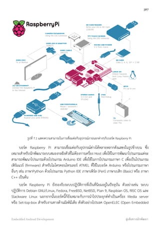 รูปที่ 7.1 แสดงความสามารถในการเชื่อมต่อกับอุปกรณ์ภายนอกต่างๆกับบอร์ด Raspberry Pi
บอร์ด Raspberry Pi สามารถเชื่อมต่อกับอุปกรณ์ต่างได้หลายหลากดังแสดงในรูปข้างบน ซึ่ง
เหมาะสำหรับนักพัฒนาระบบสมองกลฝังตัวที่ไม่ต้องการเครื่อง Host เพื่อใช้ในการพัฒนาโปรแกรมแต่จะ
สามารถพัฒนาโปรแกรมด้วยโปรแกรม Arduino IDE เพื่อใช้ในการโปรแกรมภาษา C เพื่อเป็นโปรแกรม
เฟิร์มแวร์ (ﬁrmware) สำหรับไมโครคอนโทรเลอร์ ATMEL ที่่ใช้ในบอร์ด Arduino หรือโปรแกรมภาษา
อื่นๆ เช่น ภาษาPython ด้วยโปรแกรม Python IDE ภาษาเพิร์ล (Perl) ภาษาเบสิก (Basic) หรือ ภาษา
C++ เป็นต้น
บอร์ด Raspberry Pi ยังรองรับระบบปฏิบัติการที่เป็นที่นิยมอยู่ในปัจจุบัน ตัวอย่างเช่น ระบบ
ปฏิบัติการ Debian GNU/Linux, Fedora, FreeBSD, NetBSD, Plan 9, Raspbian OS, RISC OS และ
Slackware Linux นอกจากนั้นบอร์ดนี้ก็ยังเหมาะกับการนำไปประยุกต์ทำเป็นเครื่อง Media server
หรือ Set-top-box สำหรับงานทางด้านมัลติมีเดีย ดังตัวอย่างโปรเจค OpenELEC (Open Embedded
367
Embedded Android Development สู่เส้นทางนักพัฒนา
 