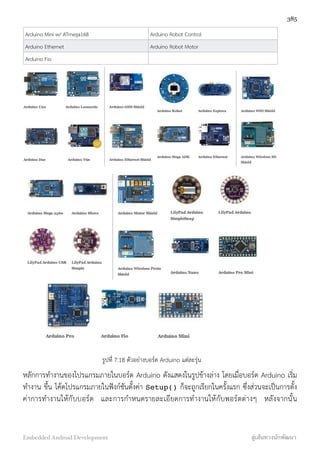 Arduino Mini w/ ATmega168 Arduino Robot Control
Arduino Ethernet Arduino Robot Motor
Arduino Fio
รูปที่ 7.18 ตัวอย่างบอร์ด Arduino แต่ละรุ่น
หลักการทำงานของโปรแกรมภายในบอร์ด Arduino ดังแสดงในรูปข้างล่าง โดยเมื่อบอร์ด Arduino เริ่ม
ทำงาน ขึ้น โค้ดโปรแกรมภายในฟังก์ชันตั้งค่า Setup() ก็จะถูกเรียกในครั้งแรก ซึ่งส่วนจะเป็นการตั้ง
ค่าการทำงานให้กับบอร์ด และการกำหนดรายละเอียดการทำงานให้กับพอร์ตต่างๆ หลังจากนั้น
385
Embedded Android Development สู่เส้นทางนักพัฒนา
 