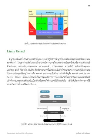Kernel
mode
User
mode
Application
Application IPC
Hardware
UNIX
Server
Device
Driver
File
Server
IPC, Virtual Memory, Scheduling
Kernel
mode Kernel
mode
User
mode
รูปที่ 2.2 แสดงการรายละเอียดการทำงานของ Micro Kernel
Linux Kernel
ลีนุกซ์คอร์เนลซึ่งเป็นตัวกลางสำคัญของระบบปฏิบัติการลีนุกซ์ในการติดต่อระหว่างฮาร์ดแวร์และ
ซอฟต์แวร์ โดยฮาร์ดแวร์นั้นหมายถึงอุปกรณ์ต่างๆภายในและอุปกรณ์รอบข้างเครื่องคอมพิวเตอร์
ตัวอย่างเช่น หน่วยประมวลผลกลาง หน่วยความจำ การ์ดแสดงผล ฮาร์ดดิสก์ อุปกรณ์อินพุตและ
เอาท์พุต เมาส์ คีย์บอร์ด เป็นต้น สำหรับซอฟแวร์นั้นประกอบไปด้วยโปรแกรมของระบบปฏิบัติการและ
โปรแกรมประยุกต์ต่างๆ โดยภายใน Kernel จะประกอบไปด้วย 2 ส่วนสำคัญคือ Kernel Module และ
Device Driver ทั้งสองจะทำหน้าที่ในการดูแลจัดการการร้องขอที่เกิดขึ้นจากฮาร์ดแวร์และซอฟต์แวร์
แล้วทำการประมวลผลข้อมูลในเบื้องต้นเพื่อส่งต่อให้ระบบปฏิบัติการต่อไป เพื่อให้บริหารจัดการการใช้
งานทรัพยากรทั้งหมดได้อย่างมีระบบ
C Library
โปรแกรม A
โปรแกรม Bไลบรารี A
Linux Kernel
Hardware
เรียก Kernel module แจ้งผลลัพธ์ และ
รายละเอียดข้อมูลต่างๆ
จัดการฮาร์ดแวร์ แจ้งผลลัพธ์
รูปที่ 2.3 แสดงการสื่อสารระหว่างโปรแกรมในระบบปฏิบัติการและอุปกรณ์
68
Embedded Android Development สู่เส้นทางนักพัฒนา
 