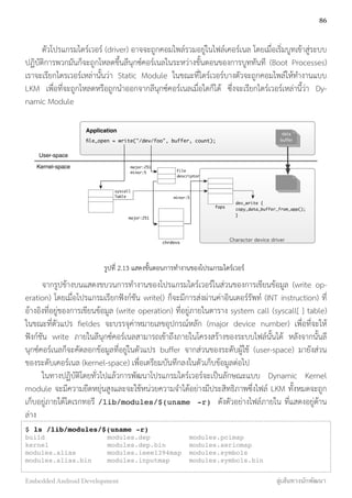 ตัวโปรแกรมไดร์เวอร์ (driver) อาจจะถูกคอมไพล์รวมอยู่ในไฟล์เคอร์เนล โดยเมื่อเริ่มบูทเข้าสู่ระบบ
ปฏิบัติการพวกมันก็จะถูกโหลดขึ้นลีนุกซ์คอร์เนลในระหว่างขั้นตอนของการบูททันที (Boot Processes)
เราจะเรียกไดรเวอร์เหล่านั้นว่า Static Module ในขณะที่ไดร์เวอร์บางตัวจะถูกคอมไพล์ให้ทำงานแบบ
LKM เพื่อที่จะถูกโหลดหรือถูกนำออกจากลีนุกซ์คอร์เนลเมื่อใดก็ได้ ซึ่งจะเรียกไดร์เวอร์เหล่านี้ว่า Dy-
namic Module
Application
ﬁle_open = write("/dev/foo", buffer, count);
data
buffer
Character device driver
dev_write {
copy_data_buffer_from_app();
}
fops
chrdevs
File
descriptor
syscall
Table
major:251
minor:5
major:251
minor:5
User-space
Kernel-space
รูปที่ 2.13 แสดงขั้นตอนการทำงานของโปรแกรมไดร์เวอร์
จากรูปข้างบนแสดงขบวนการทำงานของโปรแกรมไดร์เวอร์ในส่วนของการเขียนข้อมูล (write op-
eration) โดยเมื่อโปรแกรมเรียกฟังก์ชัน write() ก็จะมีการส่งผ่านค่าอินเตอร์รัพท์ (INT instruction) ที่
อ้างอิงที่อยู่ของการเขียนข้อมูล (write operation) ที่อยู่ภายในตาราง system call (syscall[ ] table)
ในขณะที่ตัวแปร ﬁeldes จะบรรจุค่าหมายเลขอุปกรณ์หลัก (major device number) เพื่อที่จะให้
ฟังก์ชัน write ภายในลีนุกซ์คอร์เนลสามารถเข้าถึงภายในโครงสร้างของระบบไฟล์นั้นได้ หลังจากนั้นลี
นุกซ์คอร์เนลก็จะคัดลอกข้อมูลที่อยู่ในตัวแปร buffer จากส่วนของระดับผู้ใช้ (user-space) มายังส่วน
ของระดับเคอร์เนล (kernel-space) เพื่อเตรียมบันทึกลงในตัวเก็บข้อมูลต่อไป
ในทางปฏิบัติโดยทั่วไปแล้วการพัฒนาโปรแกรมไดร์เวอร์จะเป็นลักษณะแบบ Dynamic Kernel
module จะมีความยืดหยุ่นสูงและจะใช้หน่วยความจำได้อย่างมีประสิทธิภาพซึ่งไฟล์ LKM ทั้งหมดจะถูก
เก็บอยู่ภายใต้ไดเรกทอรี /lib/modules/$(uname -r) ดังตัวอย่างไฟล์ภายใน ที่แสดงอยู่ด้าน
ล่าง
$ ls /lib/modules/$(uname -r)
build modules.dep modules.pcimap
kernel modules.dep.bin modules.seriomap
modules.alias modules.ieee1394map modules.symbols
modules.alias.bin modules.inputmap modules.symbols.bin
86
Embedded Android Development สู่เส้นทางนักพัฒนา
 