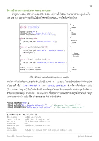 โครงสร้างภาพรวมของ Linux kernel module
จากรูปโครงสร้างไฟล์ข้างล่างแบ่งได้เป็น 5 ส่วน โดยส่วนที่เป็นโค้ดโปรแกรมหลักจะอยู่ในฟังก์ชั่น
init และ exit และจะทำงานก็ต่อเมื่อมีการโหลดหรือถอน LKM ภายในลีนุกซ์เคอร์เนล
#include <linux/module.h>
#include <linux/kernel.h>
MODULE_LICENSE("GPL");
MODULE_AUTHOR("EE - Burapha University");
MODULE_DESCRIPTION("hello world test driver");
void my_procedure(void)
{
printk(KERN_INFO "Here is procedure...n");
}
static int __init module_start(void)
{
printk(KERN_INFO "Hello world ! module is loadedn");
my_procedure();
return 0;
}
static void __exit module_unload(void)
{
printk(KERN_INFO "Goodbye world ! module is removedn");
}
module_init(module_start);
module_exit(module_unload);
Module
macros
Module
Constructor/
Destructor
Exit
macros
C
Headers
Procedure
module
รูปที่ 2.14 โครงสร้างแบบเต็มของ Linux Kernel Module
จากโครงสร้างข้างต้นส่วนบนสุดคือส่วนเรียกใช้ไลบรารี (C Headers) โดยจะอ้างอิงไลบรารีหลักๆอย่าง
น้อยสองตัวคือ linux/module.h	
   และ linux/kernel.h	
   ส่วนถัดมาคือโปรแกรมย่อย
(Procedure Program) ซึ่งเป็นส่วนฟังก์ชันย่อยที่จะถูกเรียกจากโปรแกรมหลัก และส่วนสุดท้ายคือส่วน
รายละเอียดของโมดูล (modules description) ที่ใช้อธิบายรายละเอียดของโมดูลที่ออกแบบซึ่งจะถูก
แสดงออกมาเมื่อมีการเรียกใช้คำสั่ง modinfo ดังตัวอย่างข้างล่าง
MODULE_LICENSE("GPL");
MODULE_AUTHOR("EE	
  -­‐	
  Burapha	
  University");	
  	
  	
  /*	
  Who	
  wrote	
  this	
  module?	
  */
MODULE_DESCRIPTION("hello	
  world	
  test	
  driver");	
  /*	
  What	
  does	
  this	
  module	
  do	
  */
$ modinfo hello-driver.ko
filename: hello-driver.ko
description: hello world test driver
author: EE - Burapha University
license: GPL
srcversion: E36F5E4D3F232F0A1C18AEF
depends:
vermagic: 2.6.32-42-server SMP mod_unload modversions
91
Embedded Android Development สู่เส้นทางนักพัฒนา
 