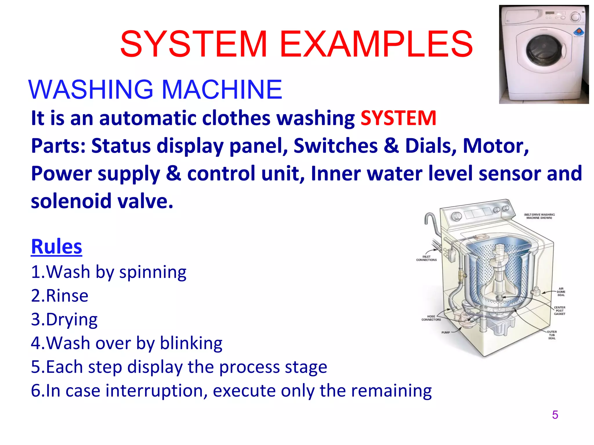 5
SYSTEM EXAMPLES
WASHING MACHINE
It is an automatic clothes washing SYSTEM
Parts: Status display panel, Switches & Dials, Motor,
Power supply & control unit, Inner water level sensor and
solenoid valve.
Rules
1.Wash by spinning
2.Rinse
3.Drying
4.Wash over by blinking
5.Each step display the process stage
6.In case interruption, execute only the remaining
 