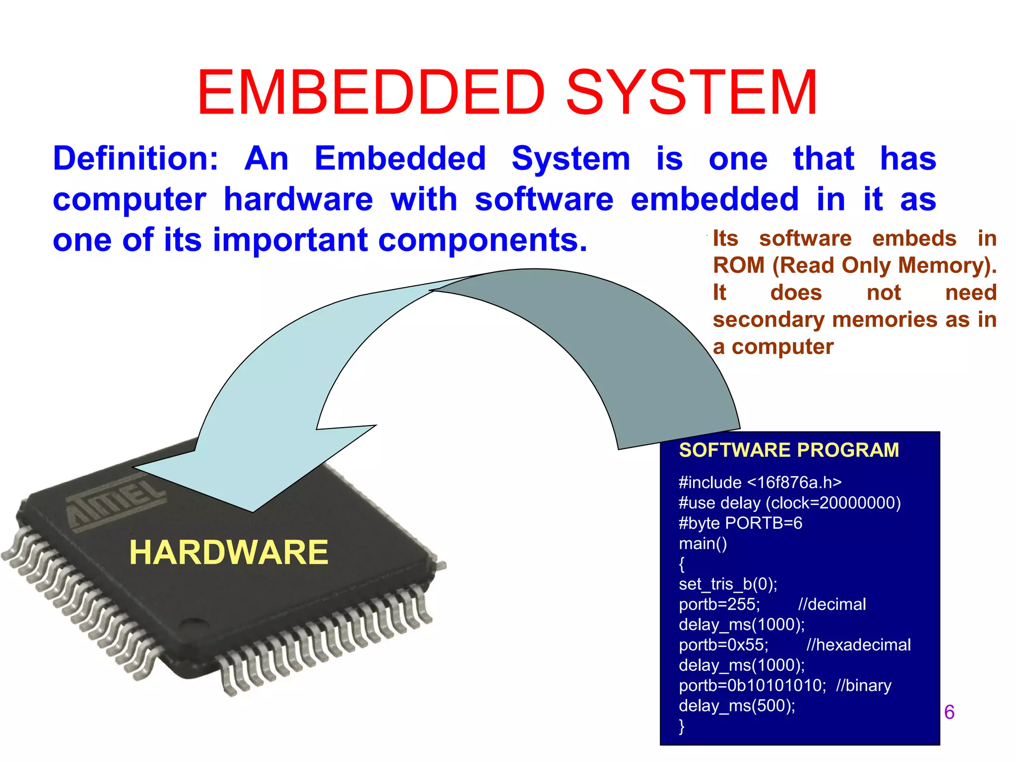 6
EMBEDDED SYSTEM
Definition: An Embedded System is one that has
computer hardware with software embedded in it as
one of its important components.
SOFTWARE PROGRAM
#include <16f876a.h>
#use delay (clock=20000000)
#byte PORTB=6
main()
{
set_tris_b(0);
portb=255; //decimal
delay_ms(1000);
portb=0x55; //hexadecimal
delay_ms(1000);
portb=0b10101010; //binary
delay_ms(500);
}
Its software embeds in
ROM (Read Only Memory).
It does not need
secondary memories as in
a computer
HARDWARE
 