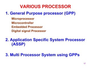 17
VARIOUS PROCESSOR
1. General Purpose processor (GPP)
Microprocessor
Microcontroller
Embedded Processor
Digital signal Processor
2. Application Specific System Processor
(ASSP)
3. Multi Processor System using GPPs
 