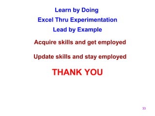 33
Learn by Doing
Excel Thru Experimentation
Lead by Example
Acquire skills and get employed
Update skills and stay employed
THANK YOU
 