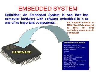 6
EMBEDDED SYSTEM
Definition: An Embedded System is one that has
computer hardware with software embedded in it as
one of its important components.
SOFTWARE PROGRAM
#include <16f876a.h>
#use delay (clock=20000000)
#byte PORTB=6
main()
{
set_tris_b(0);
portb=255; //decimal
delay_ms(1000);
portb=0x55; //hexadecimal
delay_ms(1000);
portb=0b10101010; //binary
delay_ms(500);
}
Its software embeds in
ROM (Read Only Memory).
It does not need
secondary memories as in
a computer
HARDWARE
 