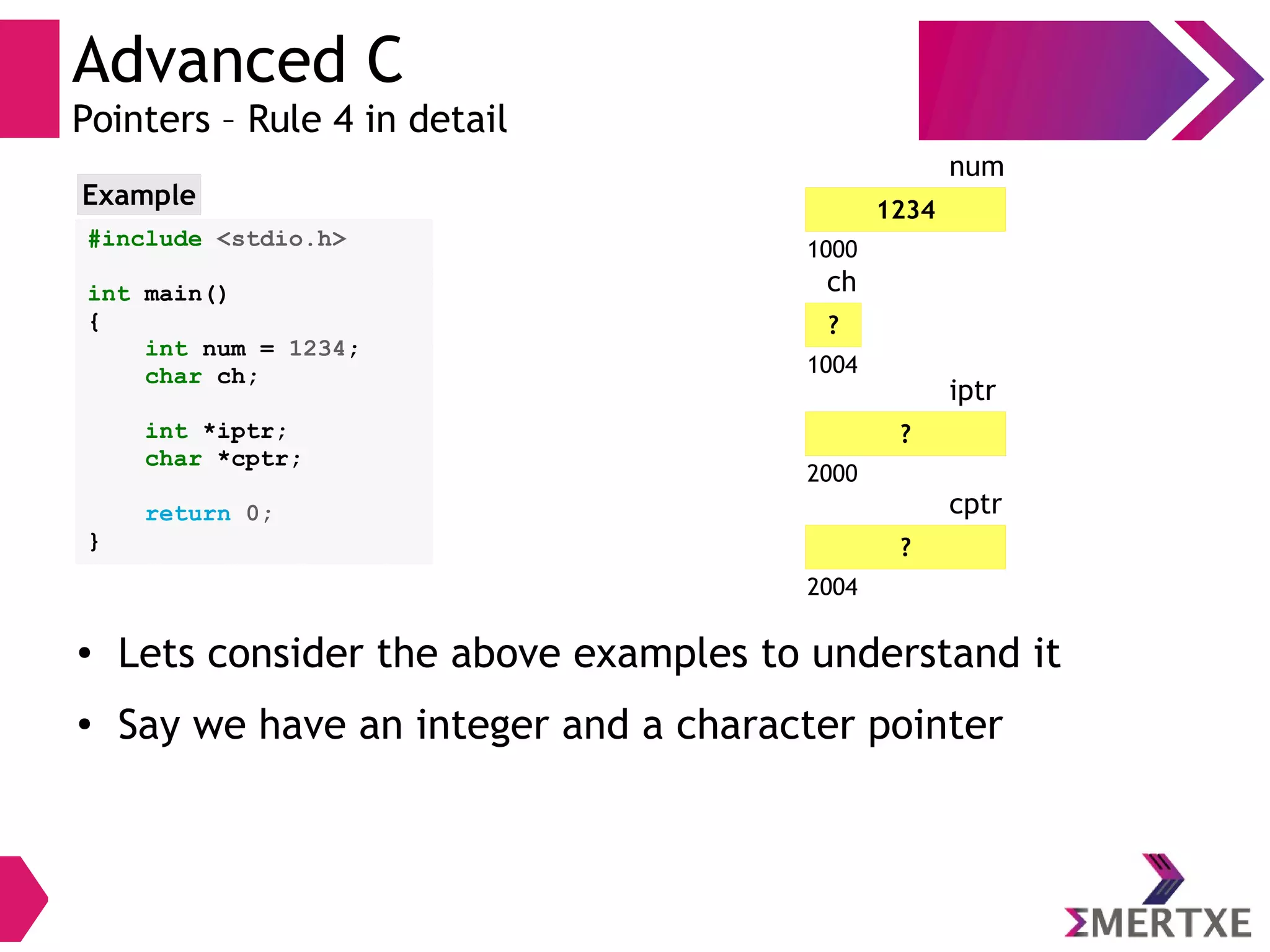 Advanced C
Pointers – Rule 4 in detail
#include <stdio.h>
int main()
{
int num = 1234;
char ch;
int *iptr;
char *cptr;
return 0;
}
Example 1234
1000
num
?
1004
ch
● Lets consider the above examples to understand it
●
Say we have an integer and a character pointer
?
2000
iptr
?
2004
cptr
 