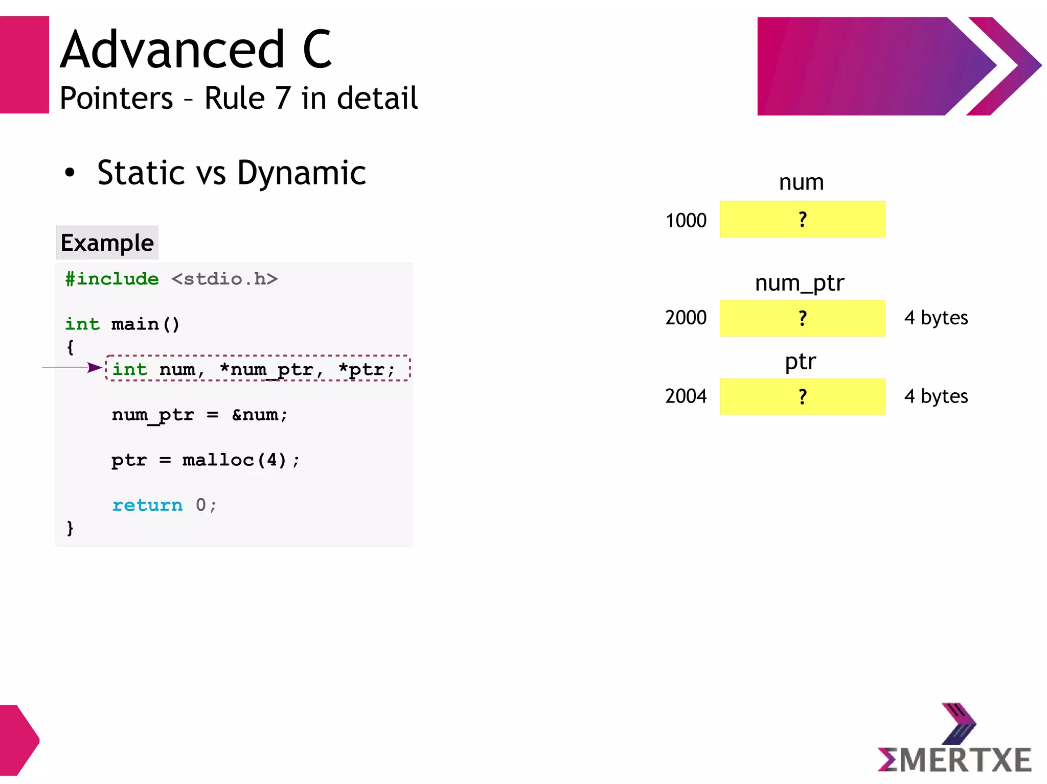 Advanced C
Pointers – Rule 7 in detail
●
Static vs Dynamic
#include <stdio.h>
int main()
{
int num, *num_ptr, *ptr;
num_ptr = &num;
ptr = malloc(4);
return 0;
}
Example
?2000 4 bytes
num_ptr
?1000
num
?2004 4 bytes
ptr
 