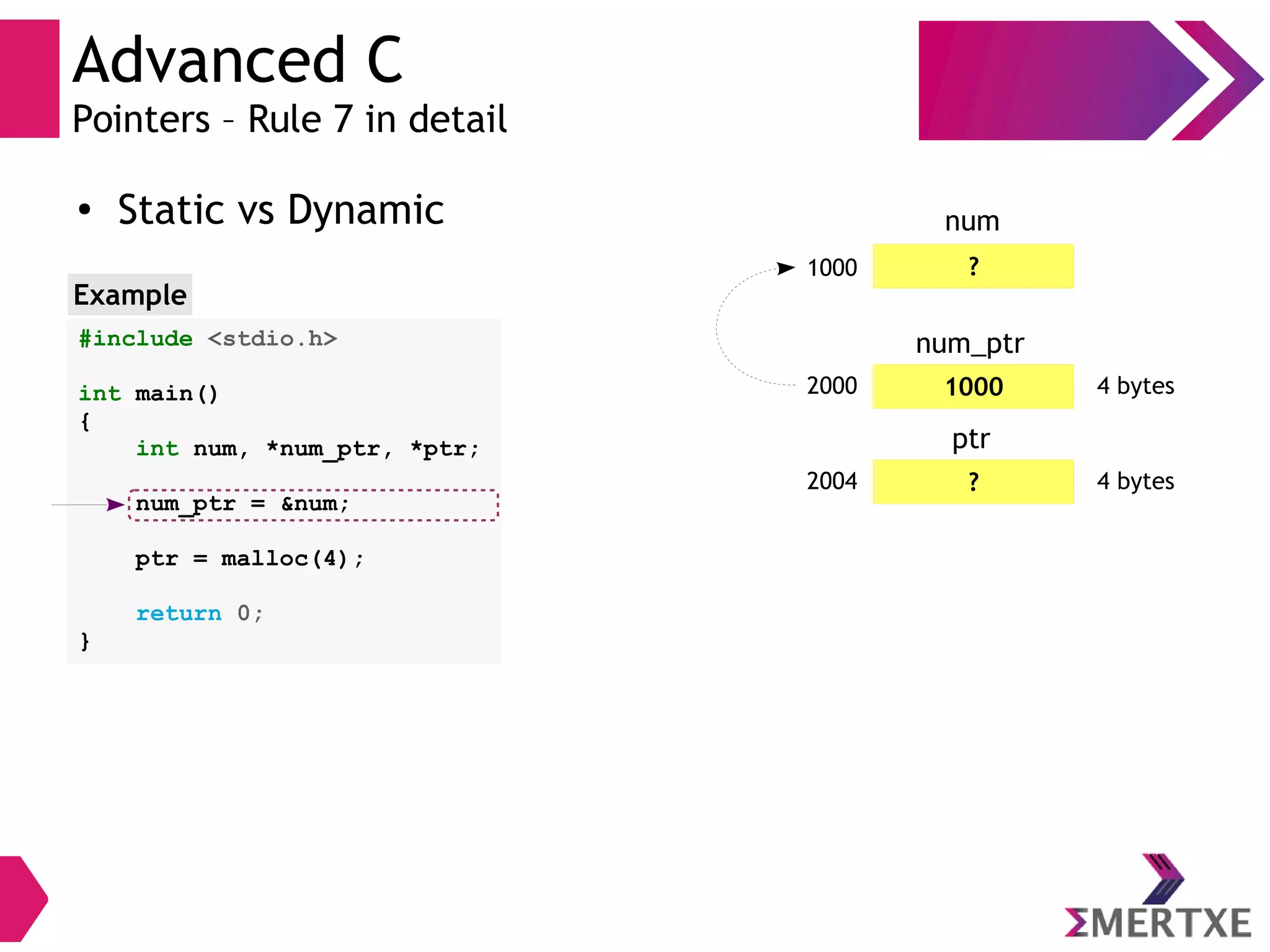 Advanced C
Pointers – Rule 7 in detail
●
Static vs Dynamic
#include <stdio.h>
int main()
{
int num, *num_ptr, *ptr;
num_ptr = &num;
ptr = malloc(4);
return 0;
}
Example
10002000 4 bytes
num_ptr
?1000
num
?2004 4 bytes
ptr
 
