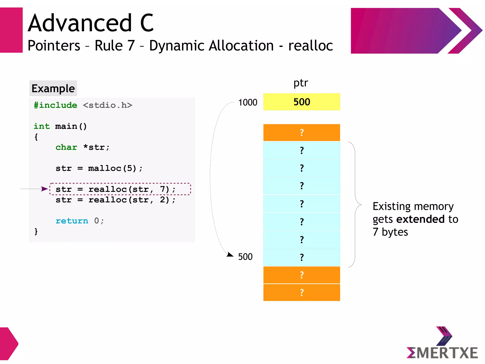 Advanced C
Pointers – Rule 7 – Dynamic Allocation - realloc
?
?
?
?
?
5001000
ptr
500
?
?
?
?
? Existing memory
gets extended to
7 bytes
Example
#include <stdio.h>
int main()
{
char *str;
str = malloc(5);
str = realloc(str, 7);
str = realloc(str, 2);
return 0;
}
 