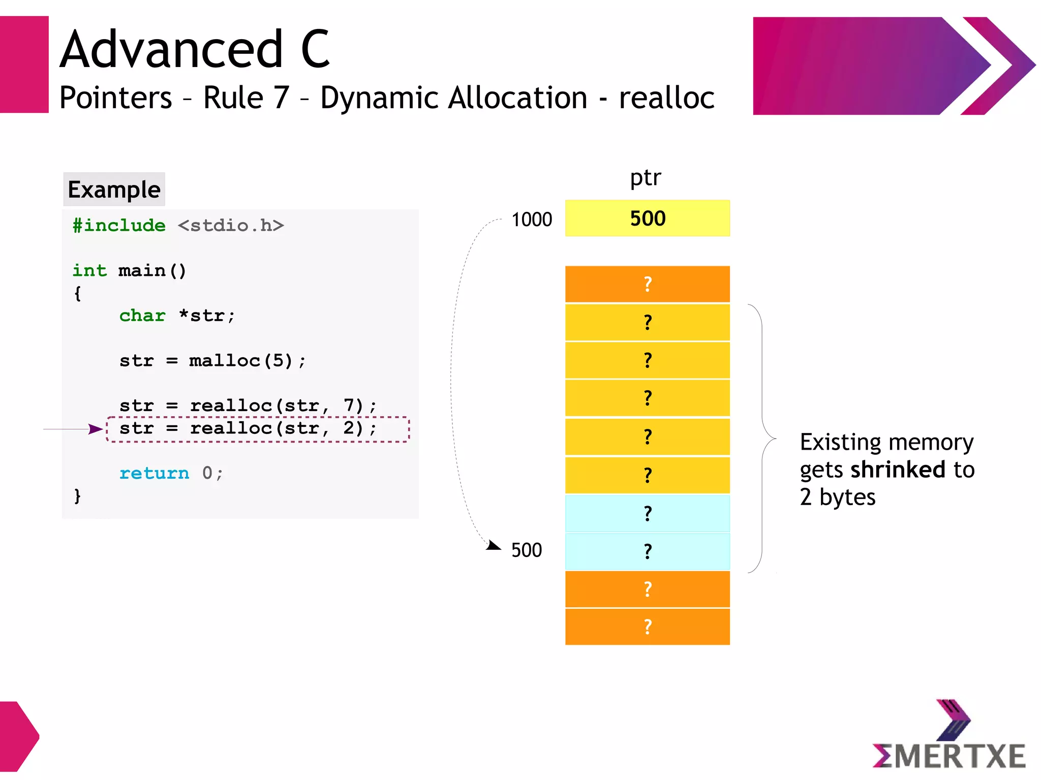 Advanced C
Pointers – Rule 7 – Dynamic Allocation - realloc
?
?
?
?
?
5001000
ptr
500
?
?
?
?
? Existing memory
gets shrinked to
2 bytes
Example
#include <stdio.h>
int main()
{
char *str;
str = malloc(5);
str = realloc(str, 7);
str = realloc(str, 2);
return 0;
}
 