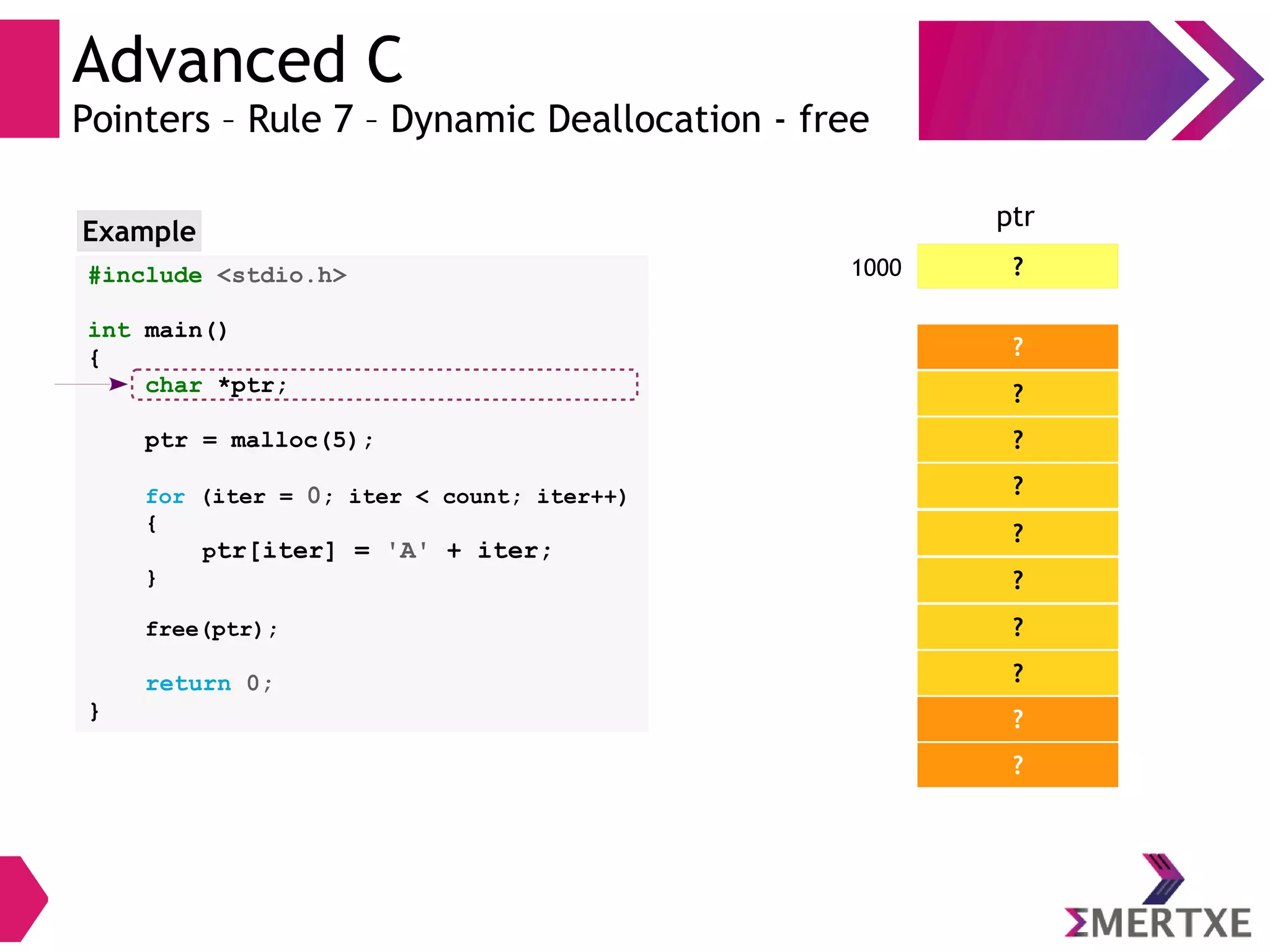 Advanced C
Pointers – Rule 7 – Dynamic Deallocation - free
?
?
?
?
?
?1000
ptr
?
?
?
?
?
#include <stdio.h>
int main()
{
char *ptr;
ptr = malloc(5);
for (iter = 0; iter < count; iter++)
{
ptr[iter] = 'A' + iter;
}
free(ptr);
return 0;
}
Example
 