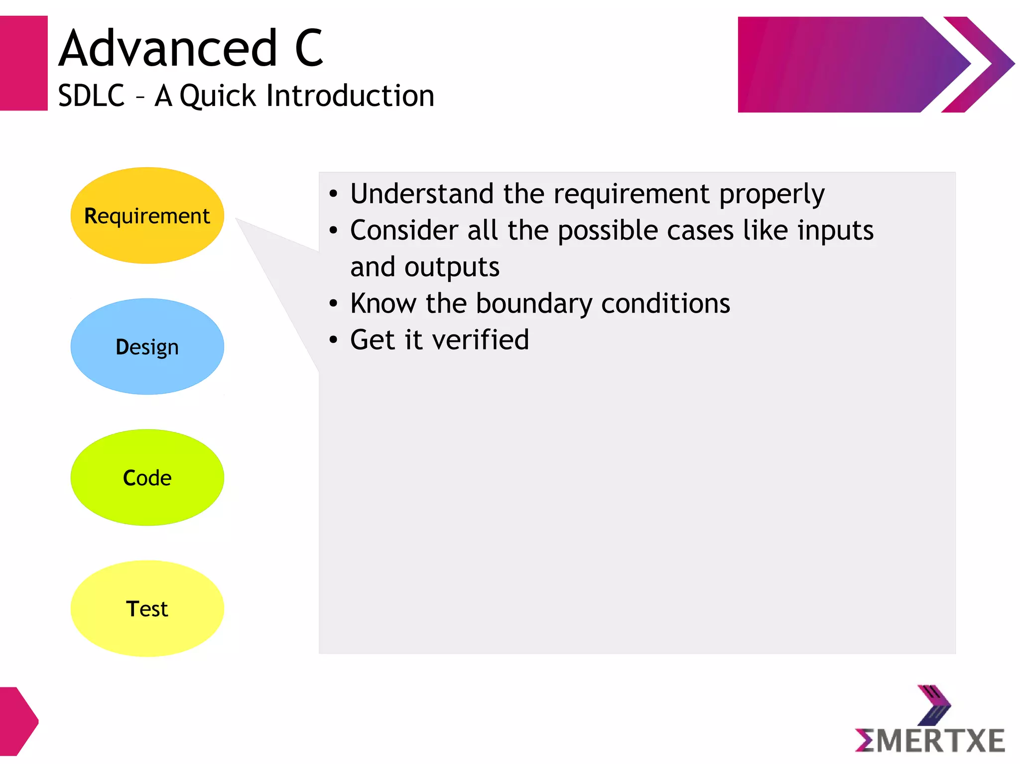 Advanced C
SDLC – A Quick Introduction
Requirement
Design
Code
Test
● Understand the requirement properly
● Consider all the possible cases like inputs
and outputs
● Know the boundary conditions
● Get it verified
 