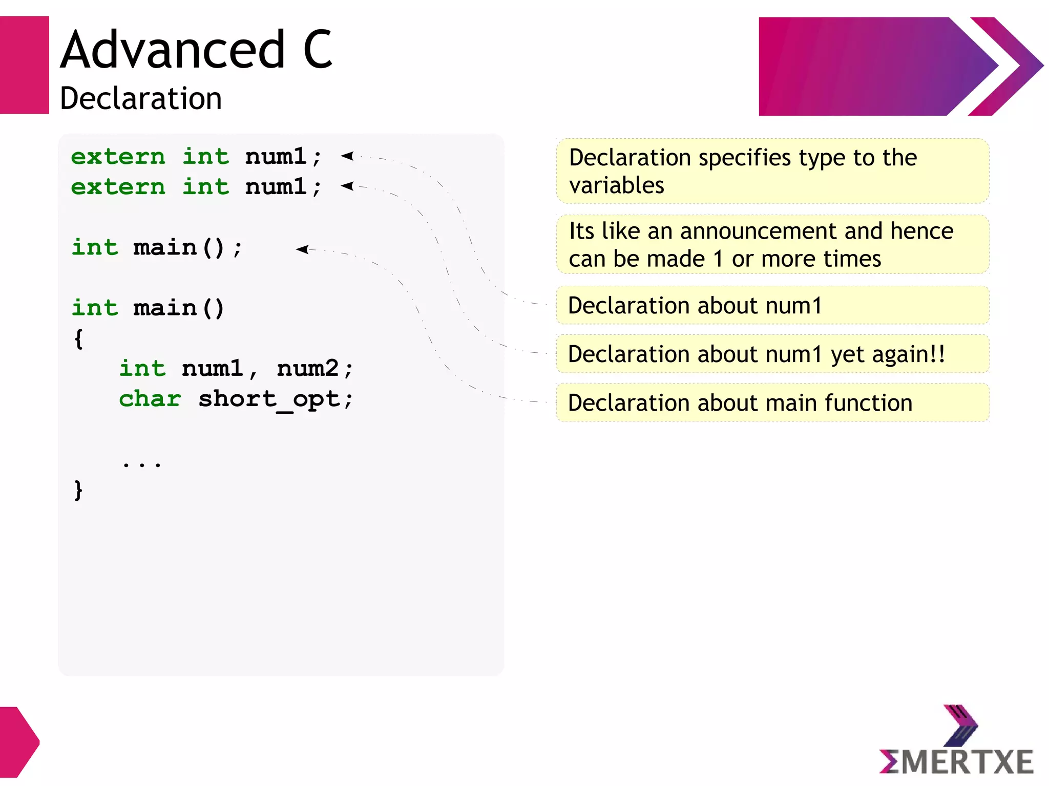 Advanced C
Declaration
extern int num1;
extern int num1;
int main();
int main()
{
int num1, num2;
char short_opt;
...
}
Declaration specifies type to the
variables
Its like an announcement and hence
can be made 1 or more times
Declaration about num1
Declaration about main function
Declaration about num1 yet again!!
 