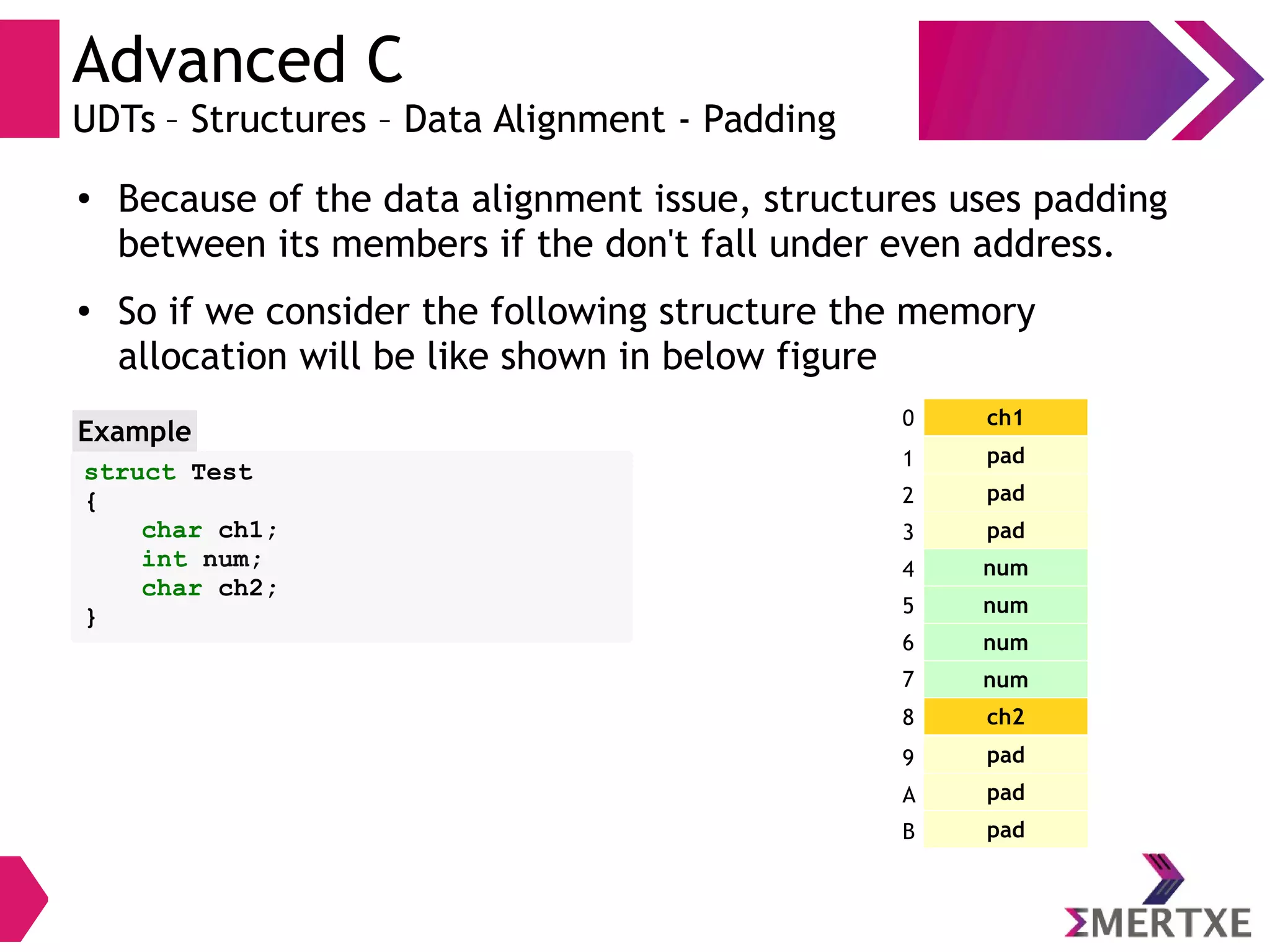 Advanced C
UDTs – Structures – Data Alignment - Padding
●
Because of the data alignment issue, structures uses padding
between its members if the don't fall under even address.
● So if we consider the following structure the memory
allocation will be like shown in below figure
struct Test
{
char ch1;
int num;
char ch2;
}
Example
ch1
pad
pad
pad
num
num
num
num
0
1
2
3
4
5
6
7
ch2
pad
pad
pad
8
9
A
B
 
