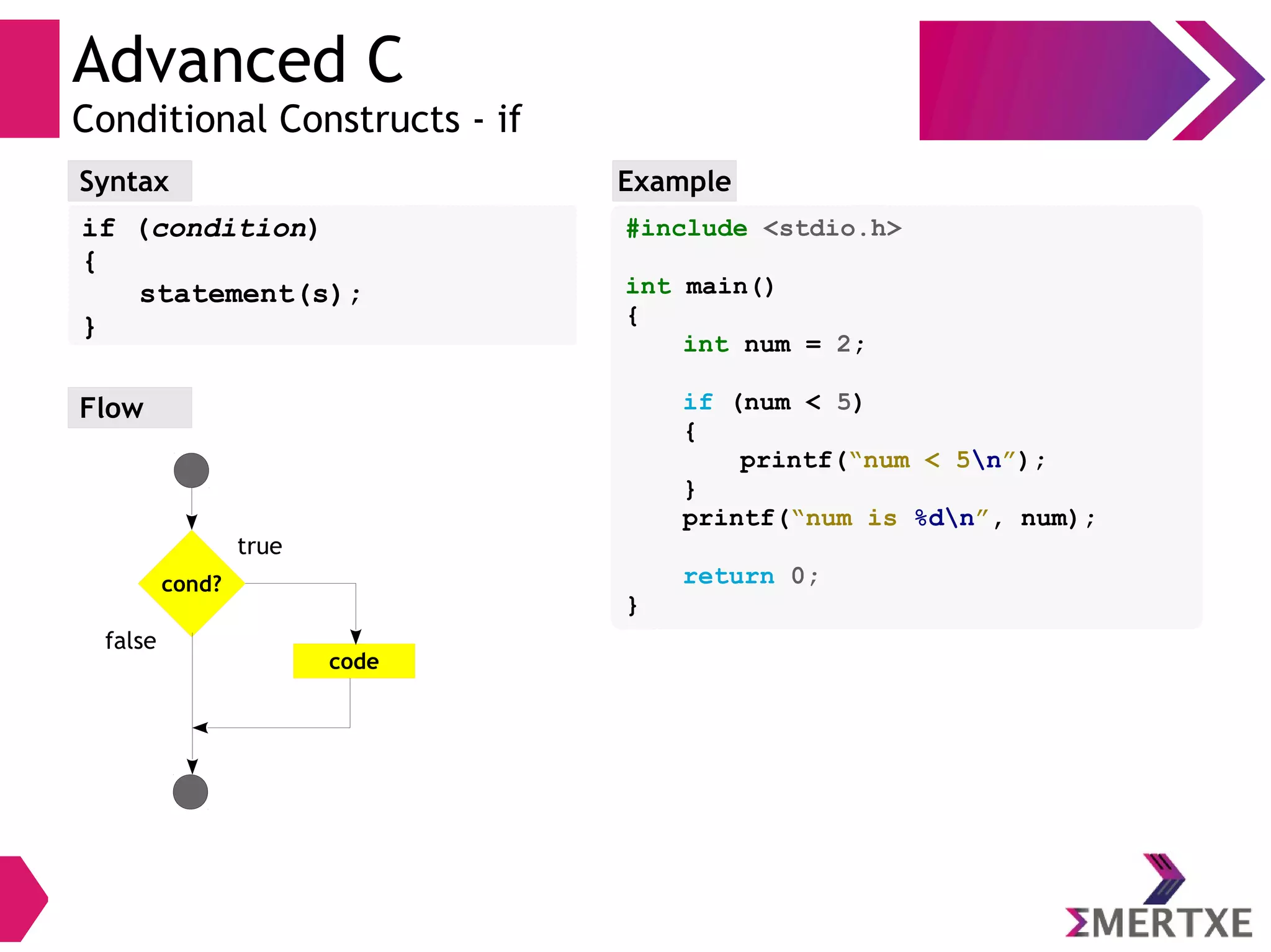 Advanced C
Conditional Constructs - if
#include <stdio.h>
int main()
{
int num = 2;
if (num < 5)
{
printf(“num < 5n”);
}
printf(“num is %dn”, num);
return 0;
}
ExampleSyntax
if (condition)
{
statement(s);
}
Flow
cond?
true
code
false
 