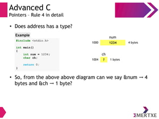 Advanced C
Pointers – Rule 4 in detail
#include <stdio.h>
int main()
{
int num = 1234;
char ch;
return 0;
}
Example
12341000 4 bytes
num
?1004 1 bytes
ch
● Does address has a type?
●
So, from the above above diagram can we say &num 4→
bytes and &ch 1 byte?→
 