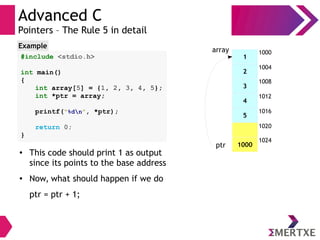 Advanced C
Pointers – The Rule 5 in detail
#include <stdio.h>
int main()
{
int array[5] = {1, 2, 3, 4, 5};
int *ptr = array;
printf(“%dn”, *ptr);
return 0;
}
Example
1
2
3
4
5
1000
1000
1004
1008
1012
1016
1020
1024
array
ptr
● This code should print 1 as output
since its points to the base address
● Now, what should happen if we do
ptr = ptr + 1;
 