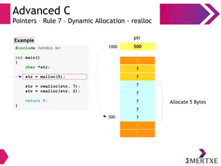 Advanced C
Pointers – Rule 7 – Dynamic Allocation - realloc
Example
?
?
?
?
?
5001000
ptr
500
?
?
?
?
?
Allocate 5 Bytes
#include <stdio.h>
int main()
{
char *str;
str = malloc(5);
str = realloc(str, 7);
str = realloc(str, 2);
return 0;
}
 