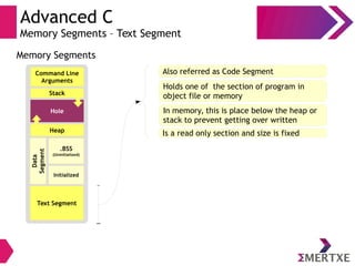 Advanced C
Memory Segments – Text Segment
Stack
Text Segment
Initialized
Heap
.BSS
(Uninitialized)
Command Line
Arguments
Hole
Data
Segment
Memory Segments
Also referred as Code Segment
Holds one of the section of program in
object file or memory
In memory, this is place below the heap or
stack to prevent getting over written
Is a read only section and size is fixed
 