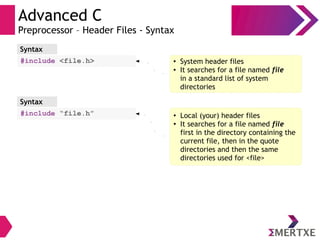 Advanced C
Preprocessor – Header Files - Syntax
Syntax
#include <file.h> ● System header files
● It searches for a file named file
in a standard list of system
directories
Syntax
#include “file.h” ●
Local (your) header files
●
It searches for a file named file
first in the directory containing the
current file, then in the quote
directories and then the same
directories used for <file>
 