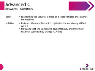 Advanced C
Keywords – Qualifiers
const ● It specifies the value of a field or a local variable that cannot
be modified
volatile ● Instructs the complier not to optimize the variable qualified
with it
●
Indicates that the variable is asynchronous, and system or
external sources may change its value
 