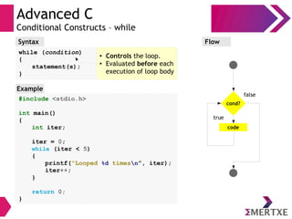 Advanced C
Conditional Constructs – while
Syntax
while (condition)
{
statement(s);
}
Flow
false
true
cond?
code
#include <stdio.h>
int main()
{
int iter;
iter = 0;
while (iter < 5)
{
printf(“Looped %d timesn”, iter);
iter++;
}
return 0;
}
Example
● Controls the loop.
● Evaluated before each
execution of loop body
 