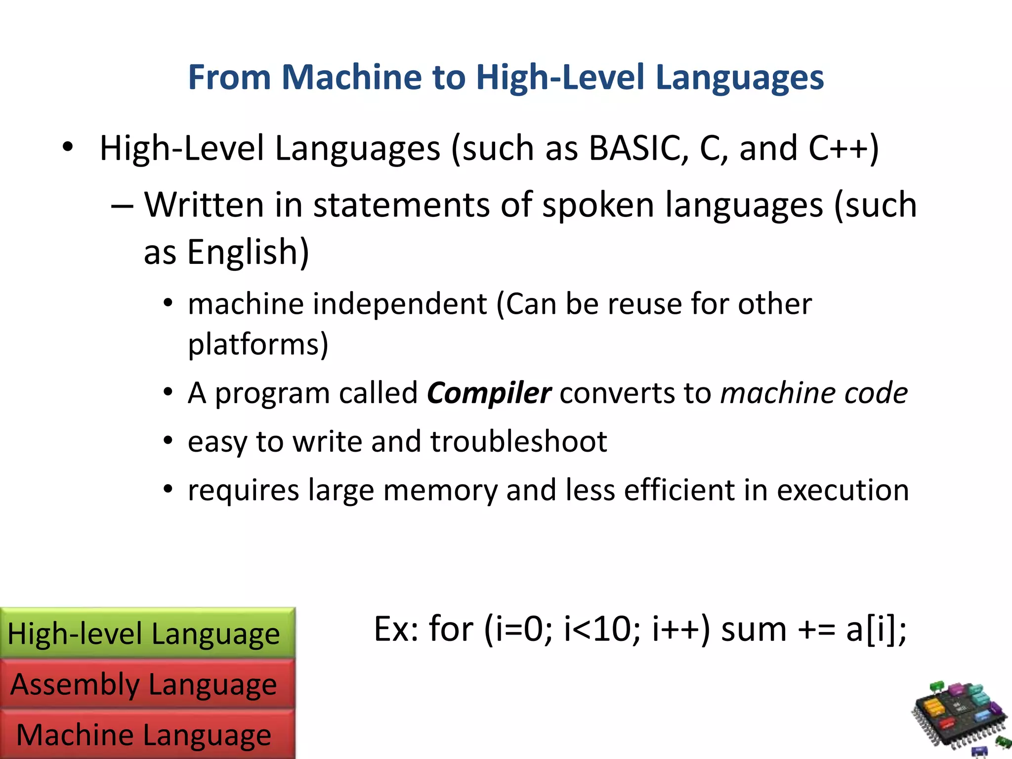 From Machine to High-Level Languages • High-Level Languages (such as BASIC, C, and C++) – Written in statements of spoken languages (such as English) • machine independent (Can be reuse for other platforms) • A program called Compiler converts to machine code • easy to write and troubleshoot • requires large memory and less efficient in execution High-level Language Ex: for (i=0; i<10; i++) sum += a[i]; Assembly Language Machine Language 