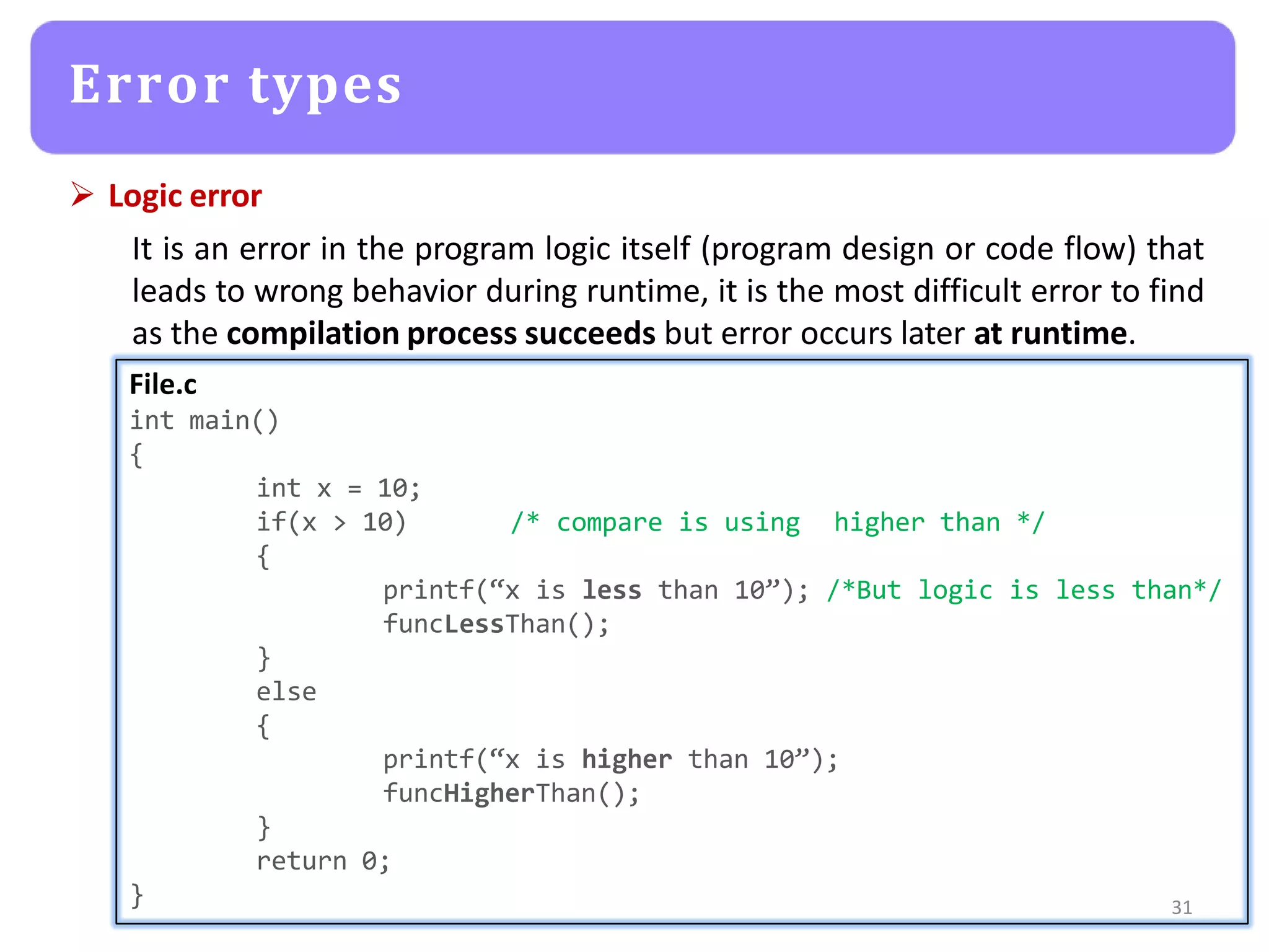 Logic error
It is an error in the program logic itself (program design or code flow) that
leads to wrong behavior during runtime, it is the most difficult error to find
as the compilation process succeeds but error occurs later at runtime.
31
Error types
/* compare is using higher than */
File.c
int main()
{
int x = 10;
if(x > 10)
{
printf(“x is less than 10”); /*But logic is less than*/
funcLessThan();
}
else
{
printf(“x is higher than 10”);
funcHigherThan();
}
return 0;
}
 