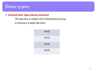  Derived Data Types (Array continue)
Till now this is called 1-D (1 dimensional) array.
In memory it looks like that:
18
Data types
Arr[0]
Arr[1]
Arr[2]
Arr[3]
 