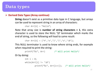  Derived Data Types (Array continue)
String doesn’t exist as a primitive data type in C language, but arrays
can be used ...