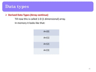  Derived Data Types (Array continue)
Till now this is called 1-D (1 dimensional) array.
In memory it looks like that:
18
...