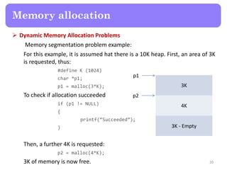  Dynamic Memory Allocation Problems
Memory segmentation problem example:
For this example, it is assumed hat there is a 10K heap. First, an area of 3K
is requested, thus:
#define K (1024)
char *p1;
p1 = malloc(3*K);
To check if allocation succeeded
if (p1 != NULL)
{
printf(“Succeeded”);
}
Then, a further 4K is requested:
p2 = malloc(4*K);
3K of memory is now free. 20
Memory allocation
3K
4K
3K - Empty
p1
p2
 