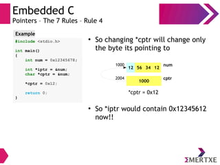 Embedded C
Pointers – The 7 Rules – Rule 4
●
So changing *cptr will change only
the byte its pointing to
#include <stdio.h>
int main()
{
int num = 0x12345678;
int *iptr = &num;
char *cptr = &num;
*cptr = 0x12;
return 0;
}
Example
*cptr = 0x12
1000
12 56 34 12
num
1000
2004 cptr
●
So *iptr would contain 0x12345612
now!!
 