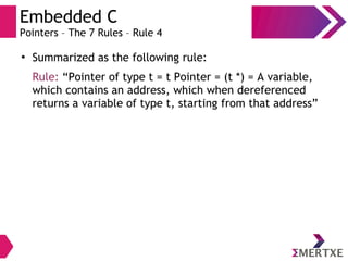 Embedded C
Pointers – The 7 Rules – Rule 4
●
Summarized as the following rule:
Rule: “Pointer of type t = t Pointer = (t *) = A variable,
which contains an address, which when dereferenced
returns a variable of type t, starting from that address”
 